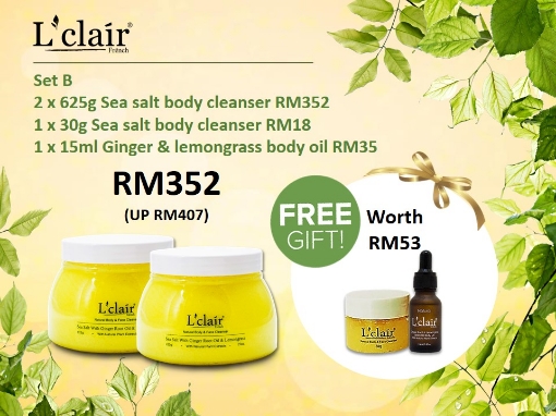 Picture of [Set B] L'Clair Sea Salt with Ginger Root Oil & Lemongrass Natural Body Cleanser 625g